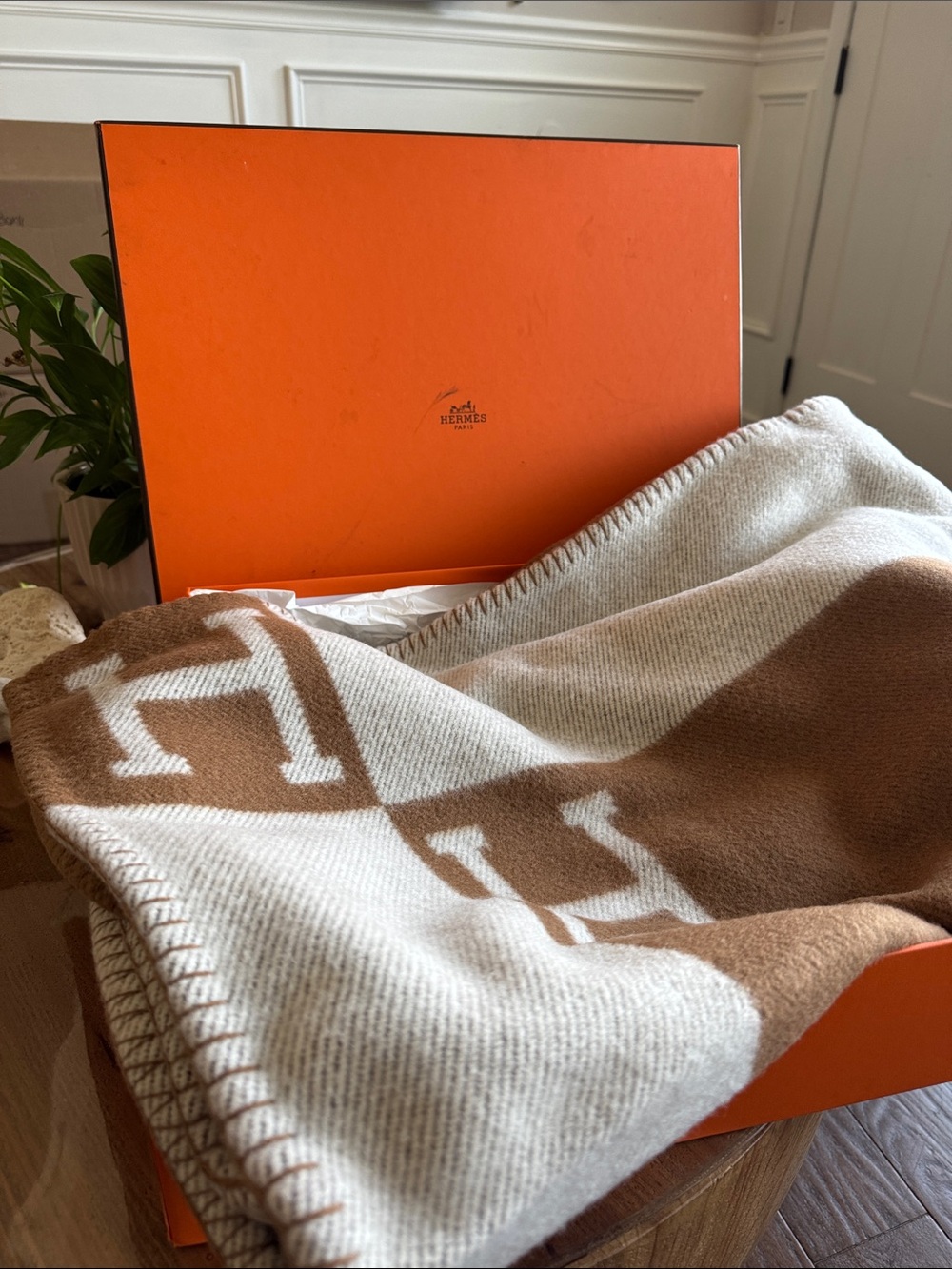 Hermes Cream and Brown Logo Wool Throw